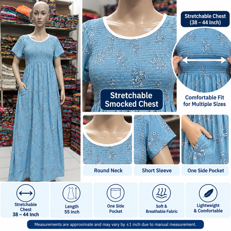 Veni's Women's Floral Printed Stretchable Nighty with One Side Pocket & Detachable Chest Padding