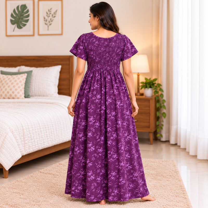 Veni's Plum Purple Floral Printed Stretchable Women's Nighty