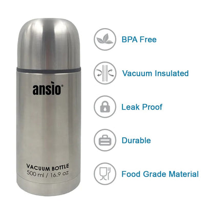 Ansio Stainless Steel Bullet Flasks - 500ml Silver Onezeros.in