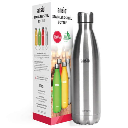 ANSIO Stainless Steel Water Bottle (1000ml) Silver Onezeros.in