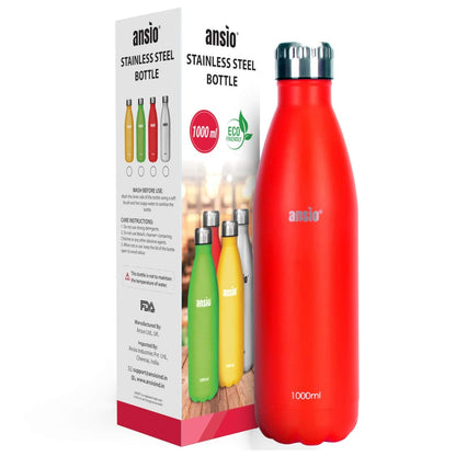 ANSIO Stainless Steel Water Bottle (1000ml) Red Onezeros.in