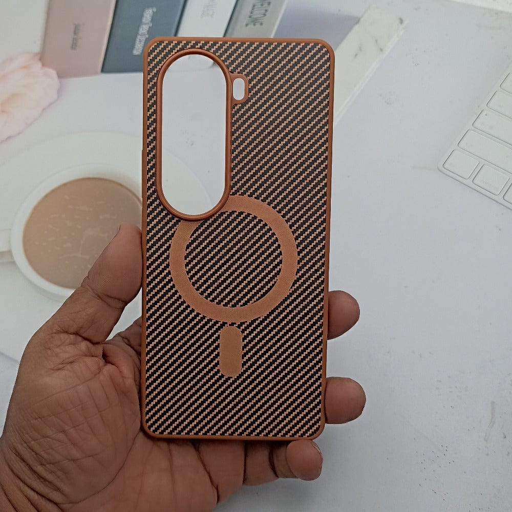 Carbon Fiber Megsafe Design Phone Case for Vivo V40e Back Cover Brown Onezeros.in