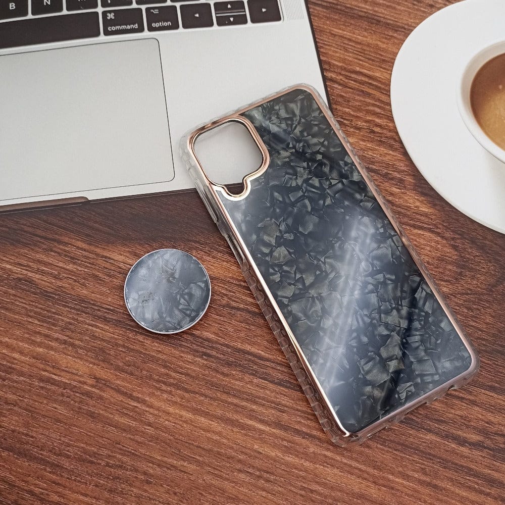 Marble Pattern Back Cover For Samsung A12/M12/F12 Phone Case With Pop Up Holder Black Onezeros.in