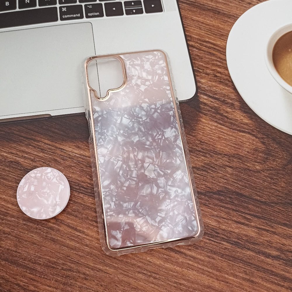 Marble Pattern Back Cover For Samsung A12/M12/F12 Phone Case With Pop Up Holder Pink Onezeros.in