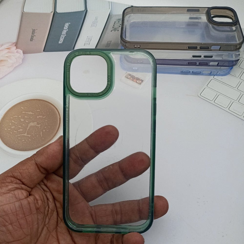 Metal Camera Frame Crystal Clear Phone Cover for iPhone 15 Back Case Green Onezeros.in