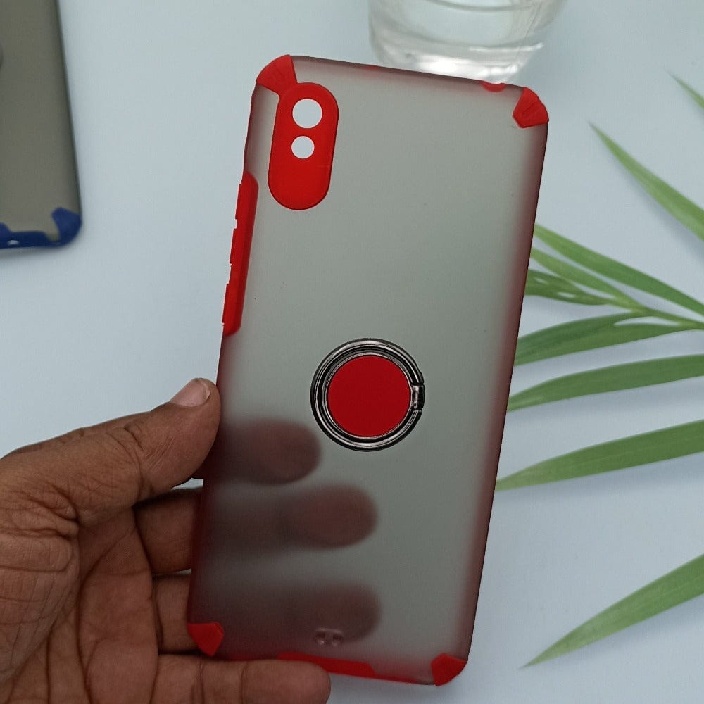 Ring Holder Phone Case for Redmi 9A/9i Matte Smoke Back Stand Cover Red Onezeros.in