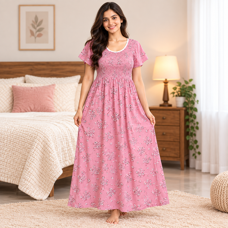 Veni's dusty rose pink floral printed women's nighty front view