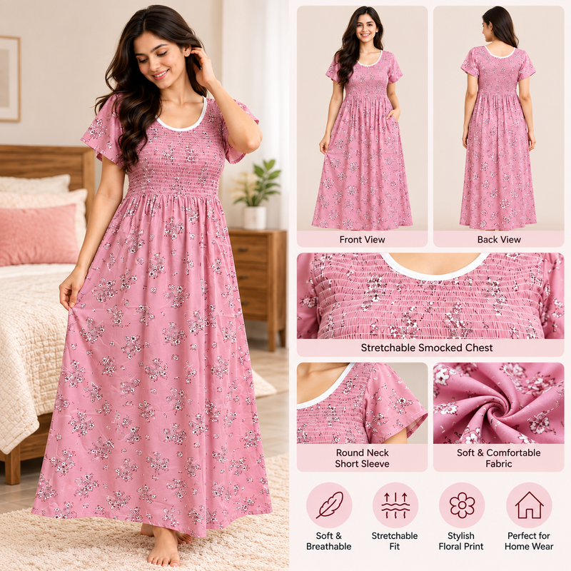 Veni's floral nighty with round neck and short sleeves
