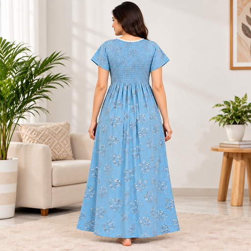 Veni's floral printed women's nighty blue back view