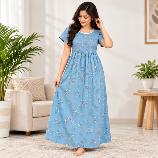 Veni's floral printed women's nighty in blue front view