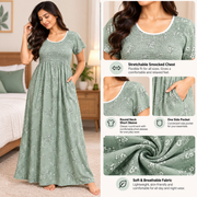 Veni's sage green floral nighty floral pattern detail