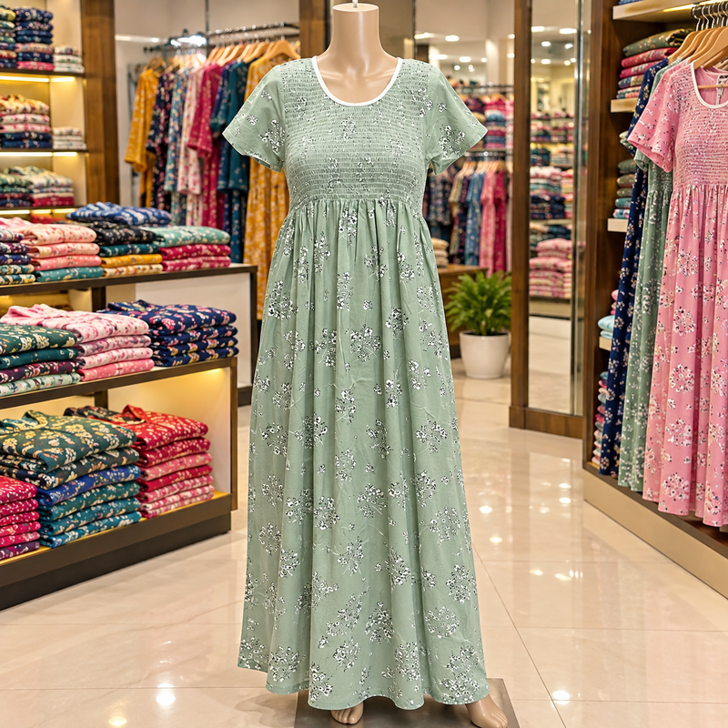 Veni's sage green floral printed women's nighty