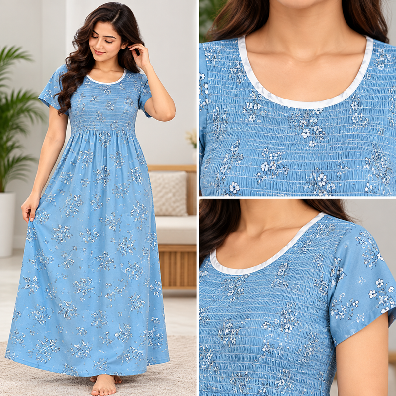 Veni's women's nighty with stretchable smocked chest and floral print