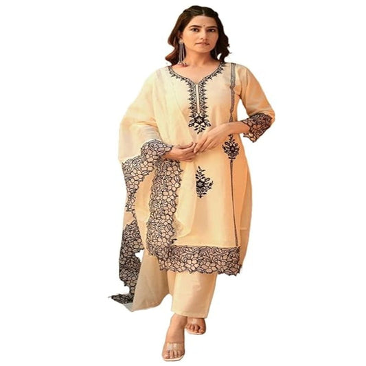 Women's Cotton Blend Straight Embroidery Kurta with Pant & Dupatta Onezeros.in