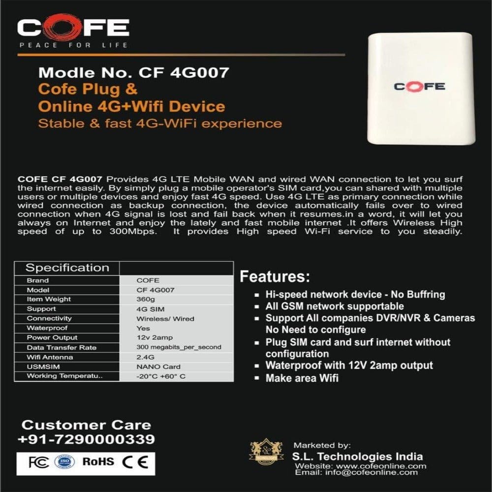 Cofe 4G wifi dongle for DVR, CCTVs,IP Cameras, Bio-Metric Cofe