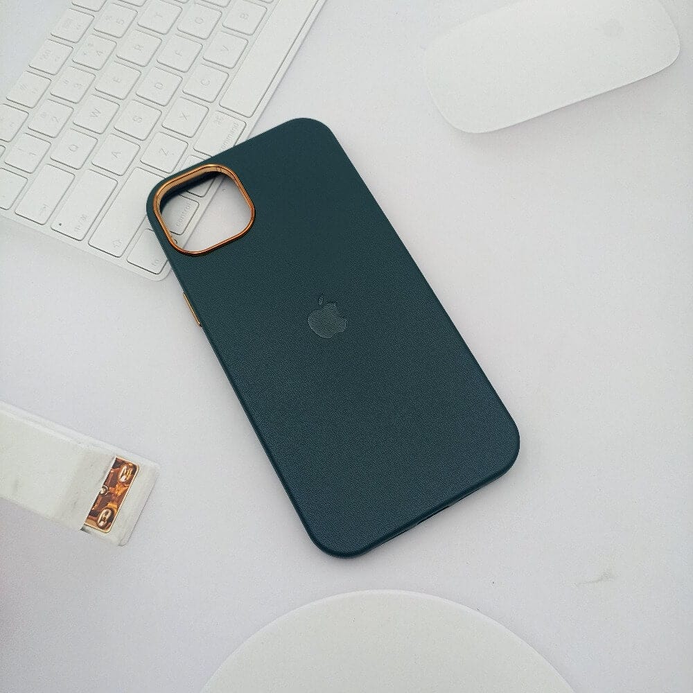 Leather Texture Phone Case for iPhone 12 with Apple Logo Emerald Green Onezeros.in