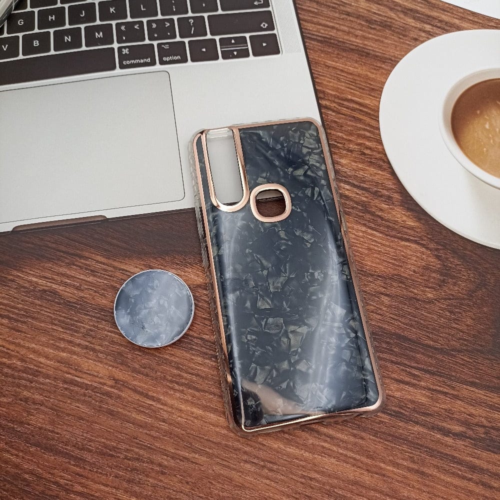 Marble Pattern Back Cover For Vivo V15 Phone Case With Pop Up Holder Black Onezeros.in